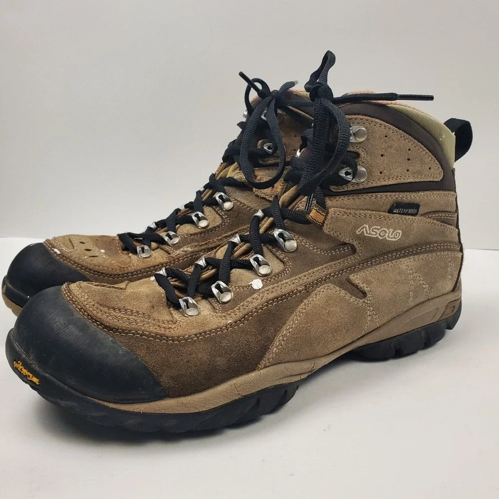 Asolo Hiking Boots Mens 9.5‎ Brown Nubuck Leather Vibram Sole Waterproof Camping